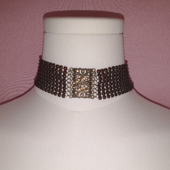 Brown Beaded Choker with Metal Centerpiece and Rhinestones - Picture 2 of 9